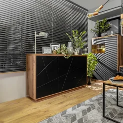 Credenza 156x93h cm 1 anta 3 cassetti rovere scuro nero opaco Elin