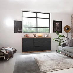 Credenza 156x93h cm 1 anta 3 cassetti rovere scuro nero opaco Elin