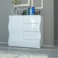 Credenza 90x81h cm 1 anta 4 cassetti soggiorno bianco lucido Sea Gihome®