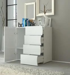 Credenza 90x81h cm 1 anta 4 cassetti soggiorno bianco lucido Sea Gihome®