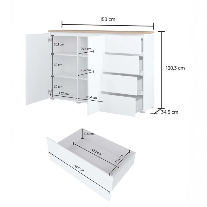 Credenza 150x100h cm 2 ante 4 cassetti bianco rovere Ischia