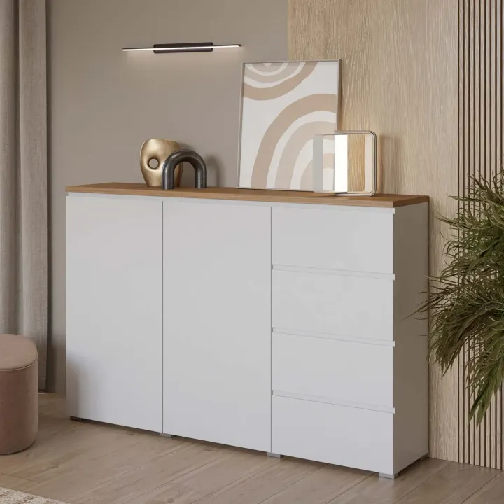 Credenza 150x100h cm 2 ante 4 cassetti bianco rovere Ischia