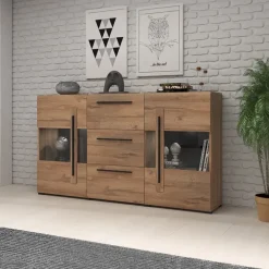 Credenza 180x103h cm 2 ante 3 cassetti con vetrinetta moderna rovere nero Maiorca