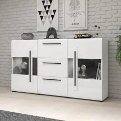 Credenza 180x103h cm 2 ante 3 cassetti con vetrinetta moderna bianco opaco e lucido Maiorca