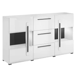 Credenza 180x103h cm 2 ante 3 cassetti con vetrinetta moderna bianco opaco e lucido Maiorca