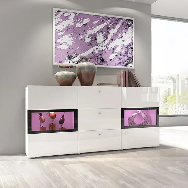 Credenza 132x70h cm 2 ante 3 cassetti moderna bianco lucido nero Emotion Gihome®