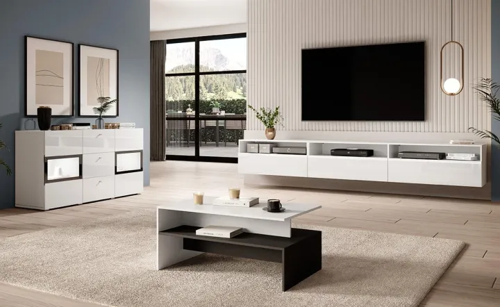 Credenza 132x70h cm 2 ante 3 cassetti moderna bianco lucido nero Emotion Gihome®