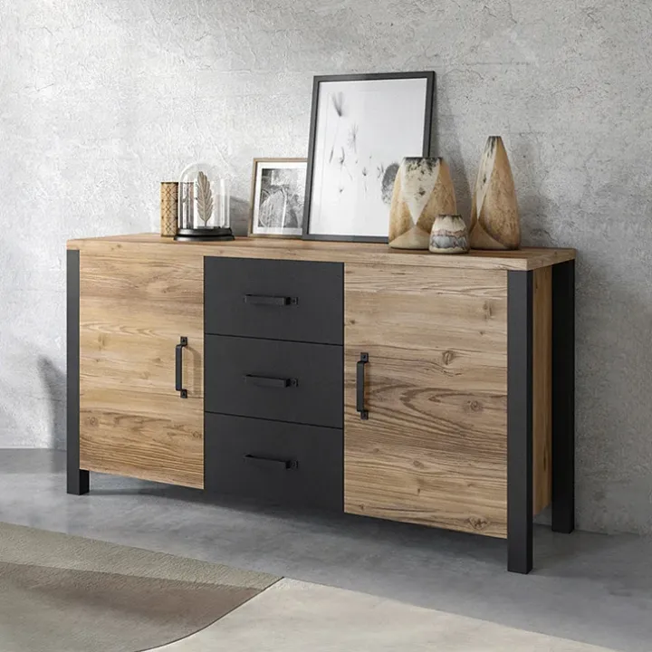 Credenza 147x79h cm 2 ante 3 cassetti moderna quercia nero opaco Nebraska