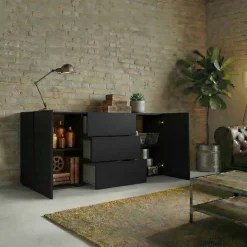 Credenza 140x63h cm 2 ante 3 cassetti moderna soggiorno nero Fusion