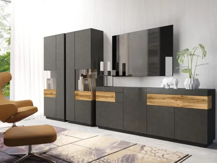 Credenza 219x85h cm 4 ante 2 cassetti moderna antracite rovere Bahama