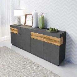 Credenza 219x85h cm 4 ante 2 cassetti moderna antracite rovere Bahama