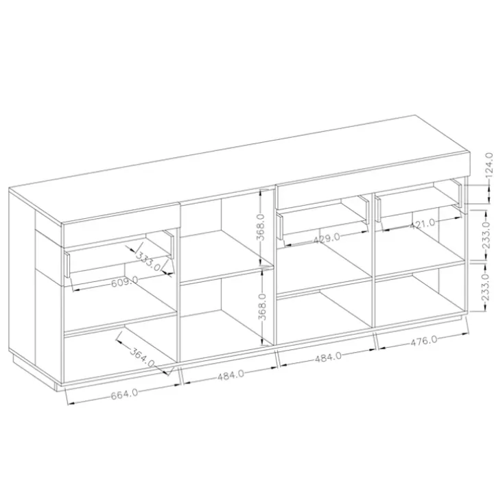 Credenza 219x85h cm 4 ante 2 cassetti moderna antracite rovere Bahama