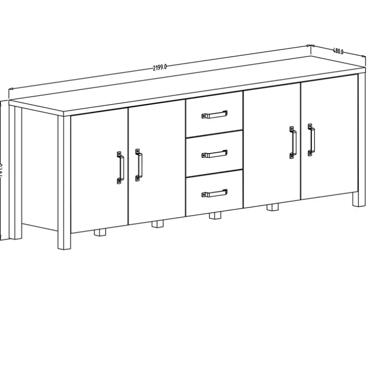Credenza 220x79h cm 4 ante 3 cassetti moderna quercia nero opaco Nebraska