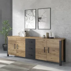 Credenza 220x79h cm 4 ante 3 cassetti moderna quercia nero opaco Nebraska
