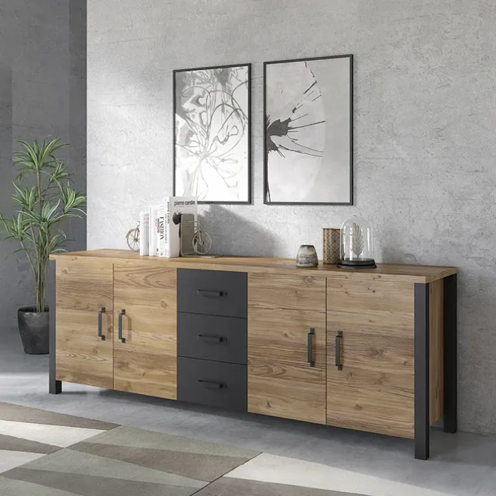 Credenza 220x79h cm 4 ante 3 cassetti moderna quercia nero opaco Nebraska