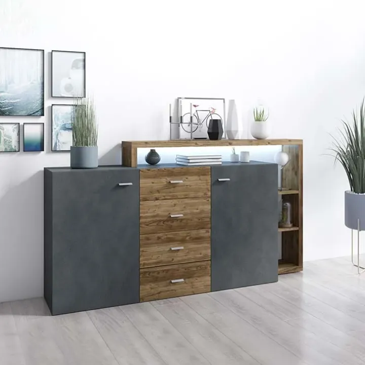 Credenza 180x97h cm 2 ante 4 cassetti moderna antracite spatolato noce Megan Gihome®