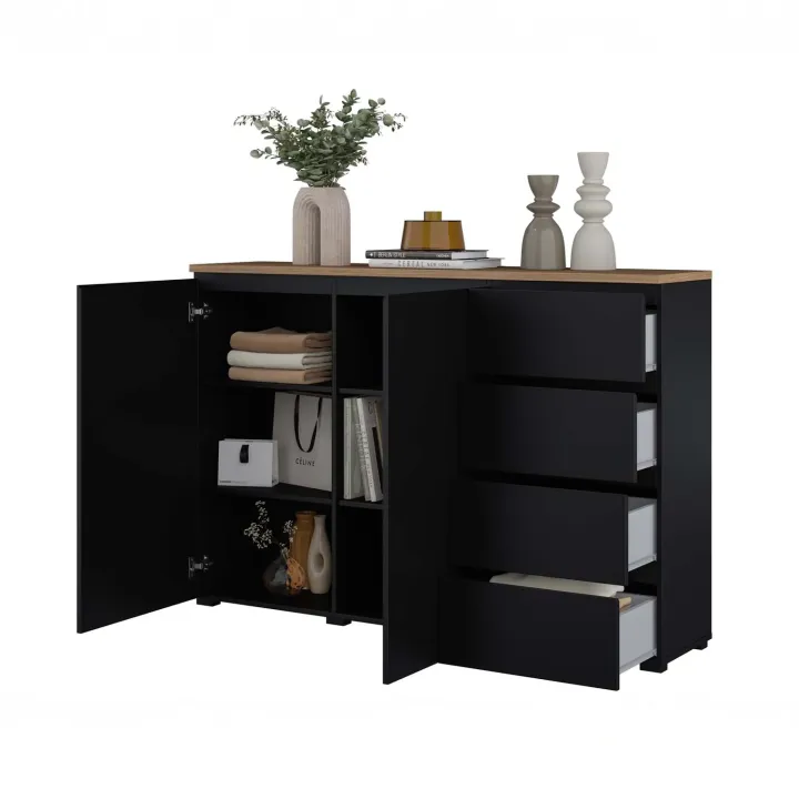 Credenza 150x100h cm 2 ante 4 cassetti nero rovere Ischia