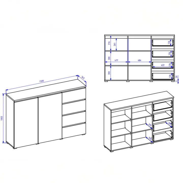 Credenza 150x100h cm 2 ante 4 cassetti nero rovere Ischia