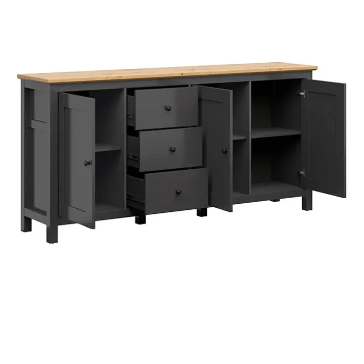 Credenza 199x96h cm 3 ante 3 cassetti nero grafite rovere chiaro Holga