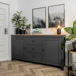 Credenza 186x96h cm 2 ante 3 cassetti nero grafite rovere chiaro Holga