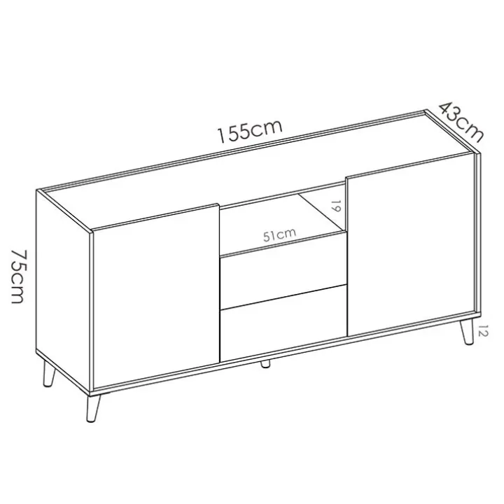 Credenza 155x75h cm 2 ante 2 cassetti rovere grigio bianco petrolio Dominic