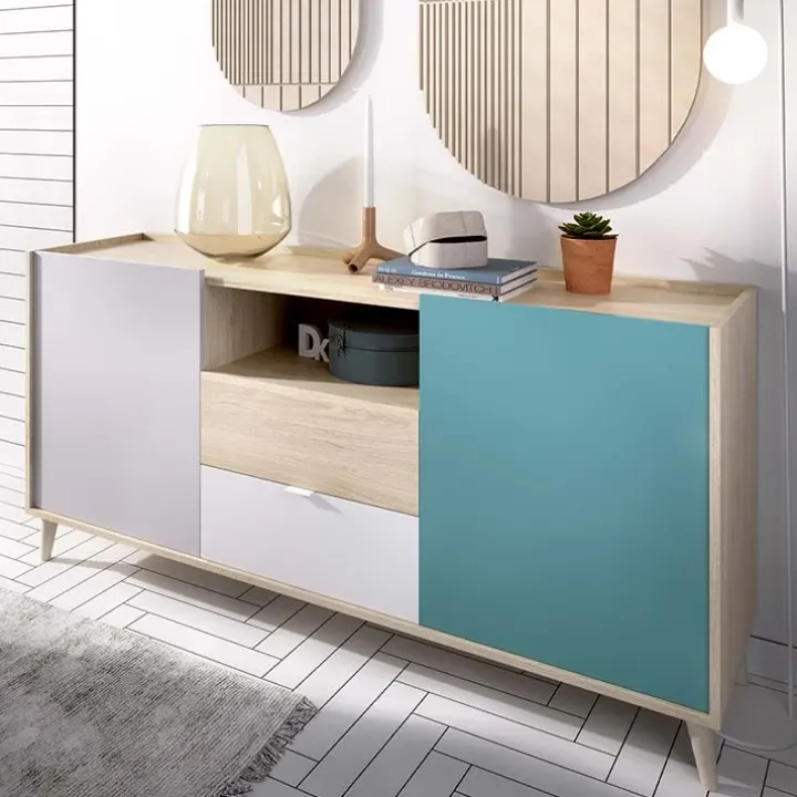 Credenza 155x75h cm 2 ante 2 cassetti rovere grigio bianco petrolio Dominic