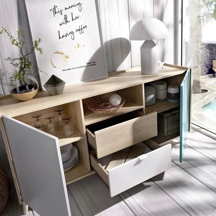 Credenza 155x75h cm 2 ante 2 cassetti rovere grigio bianco petrolio Dominic