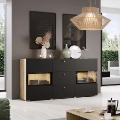 Credenza 132x70h cm 2 ante 3 cassetti rovere rustico nero Emotion Gihome®