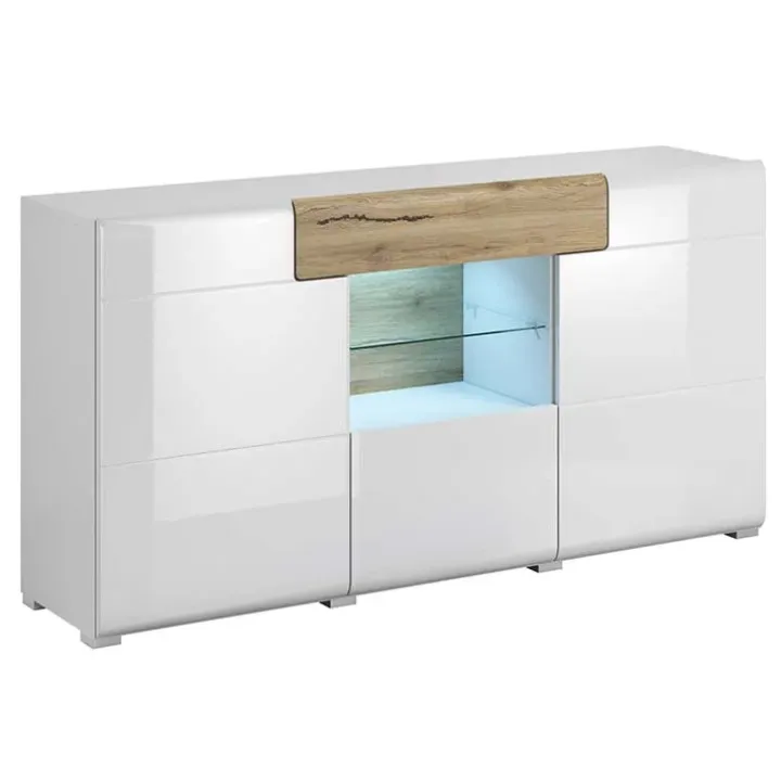 Credenza 159x83h cm 3 ante 1 cassetto bianco lucido rovere Tahiti