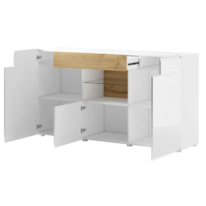 Credenza 159x83h cm 3 ante 1 cassetto bianco lucido rovere Tahiti