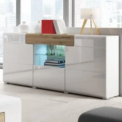 Credenza 159x83h cm 3 ante 1 cassetto bianco lucido rovere Tahiti