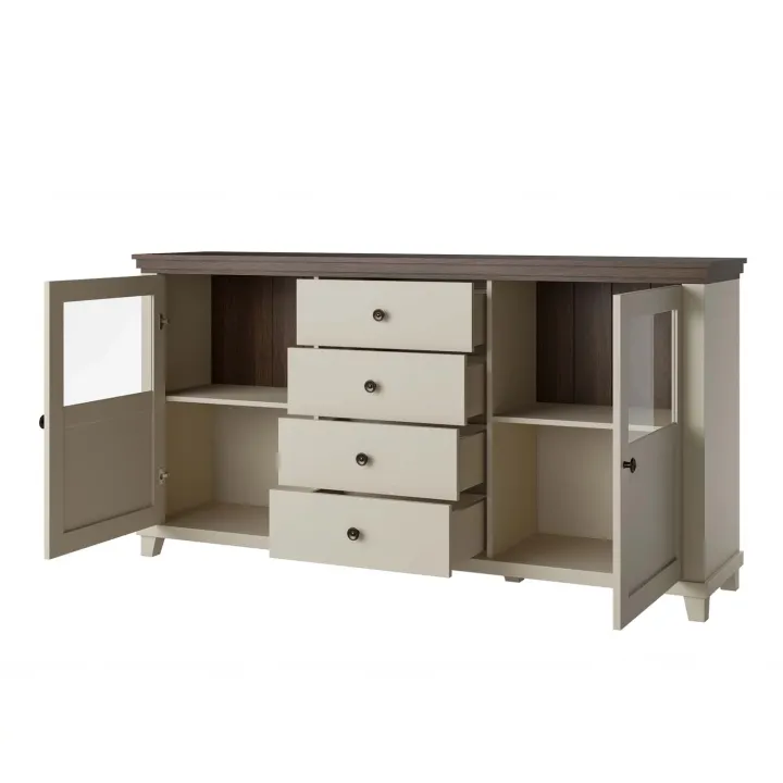 Credenza 181x93h cm 2 ante con vetrinetta 4 cassetti beige Texel