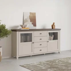 Credenza 181x93h cm 2 ante con vetrinetta 4 cassetti beige Texel