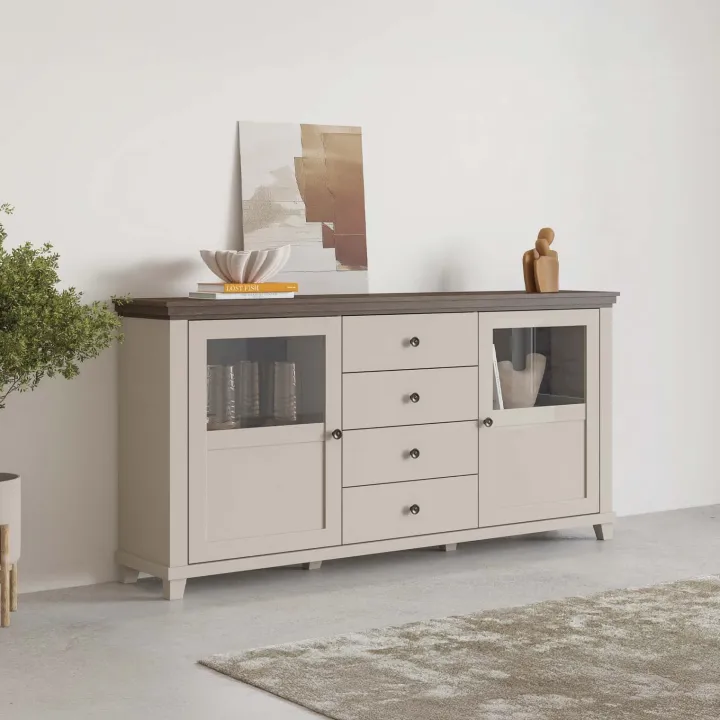 Credenza 181x93h cm 2 ante con vetrinetta 4 cassetti beige Texel