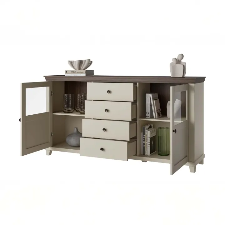 Credenza 181x93h cm 2 ante con vetrinetta 4 cassetti beige Texel
