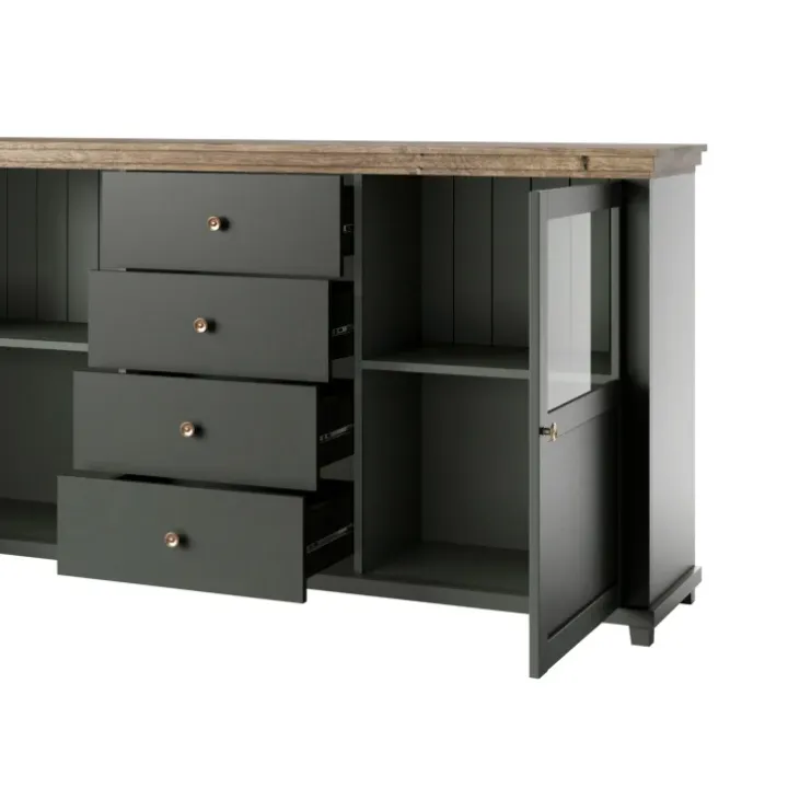Credenza 181x93h cm 2 ante con vetrinetta 4 cassetti verde quercia Texel