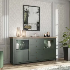 Credenza 181x93h cm 2 ante con vetrinetta 4 cassetti verde quercia Texel