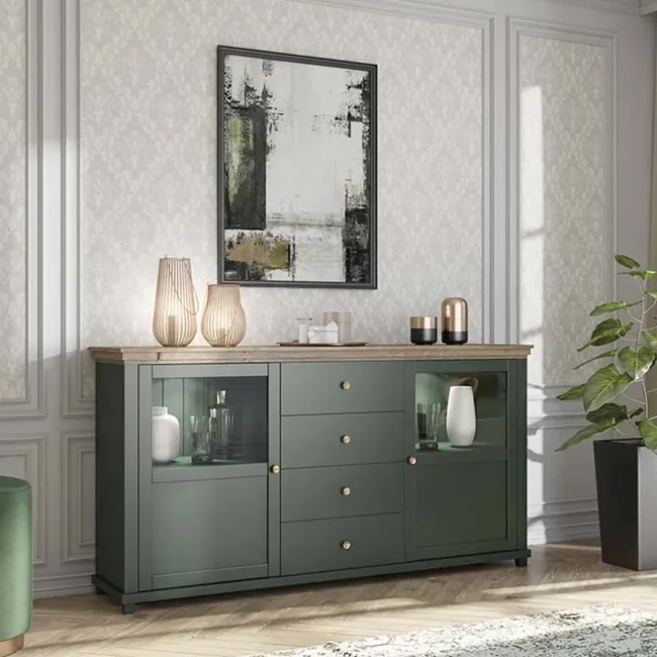 Credenza 181x93h cm 2 ante con vetrinetta 4 cassetti verde quercia Texel