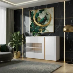 Credenza 138x91h cm 3 ante con vetrina moderna bianco rovere Noa Gihome®