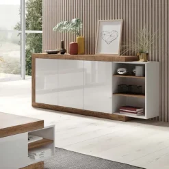 Credenza 220x86h cm 3 ante moderna bianco lucido rovereAria