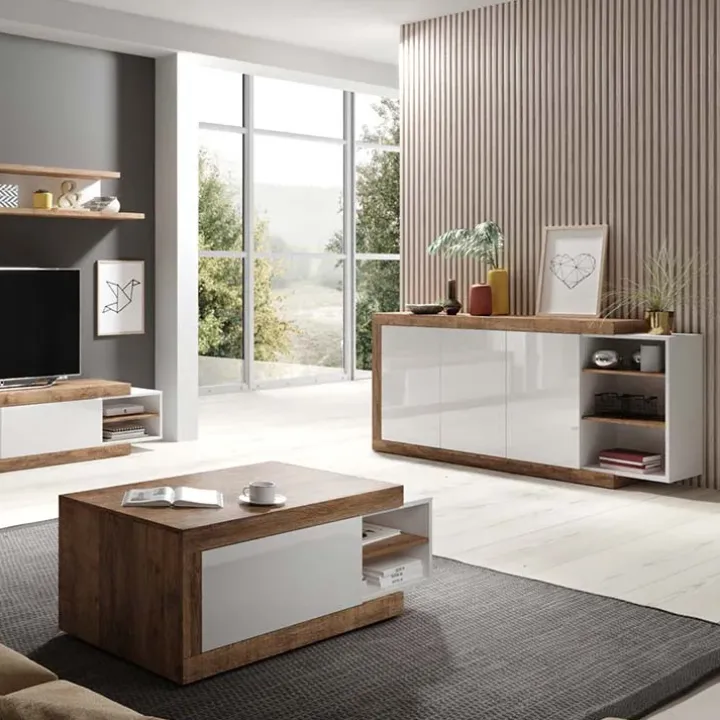Credenza 220x86h cm 3 ante moderna bianco lucido rovereAria
