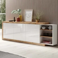 Credenza 220x86h cm 3 ante moderna bianco lucido rovereAria