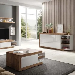 Credenza 180x86h cm 3 ante moderna bianco lucido rovere Aria