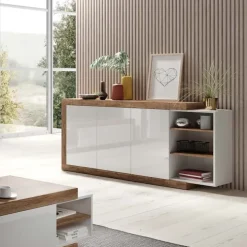 Credenza 180x86h cm 3 ante moderna bianco lucido rovere Aria