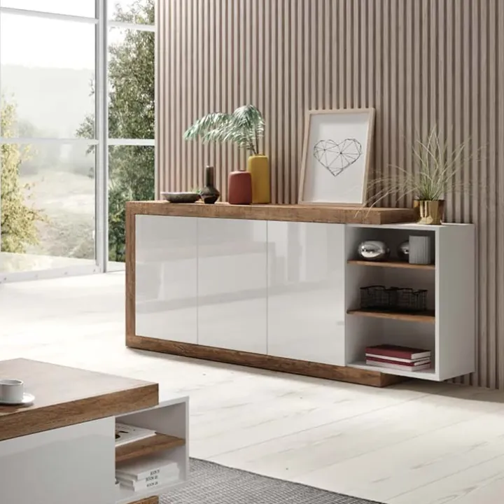 Credenza 180x86h cm 3 ante moderna bianco lucido rovere Aria