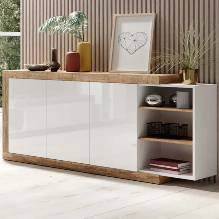 Credenza 180x86h cm 3 ante moderna bianco lucido rovere Aria