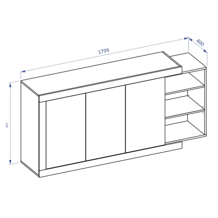 Credenza 180x86h cm 3 ante moderna bianco lucido rovere Aria