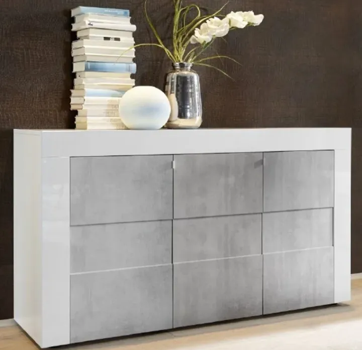 Credenza 138x84h cm 3 ante moderna bianco lucido cemento Easy