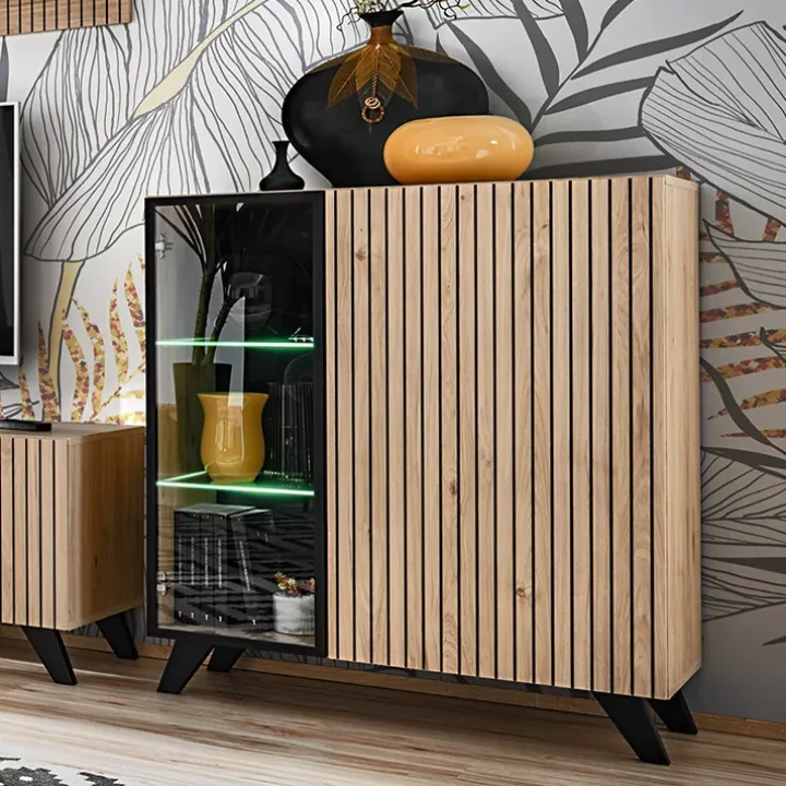 Credenza 90x102h cm 2 ante moderna noce con stampa nera Mendes