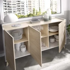 Credenza 155x75h cm 3 ante moderna rovere bianco opaco Elmer